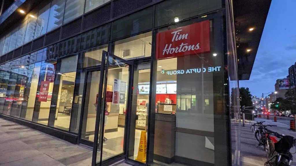Tim Hortons storefront and interior at 175 Dundas St. E, Toronto, ON
