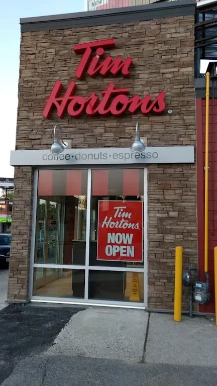 Tim Hortons storefront and interior at 185 Sheppard Ave East, Toronto, ON