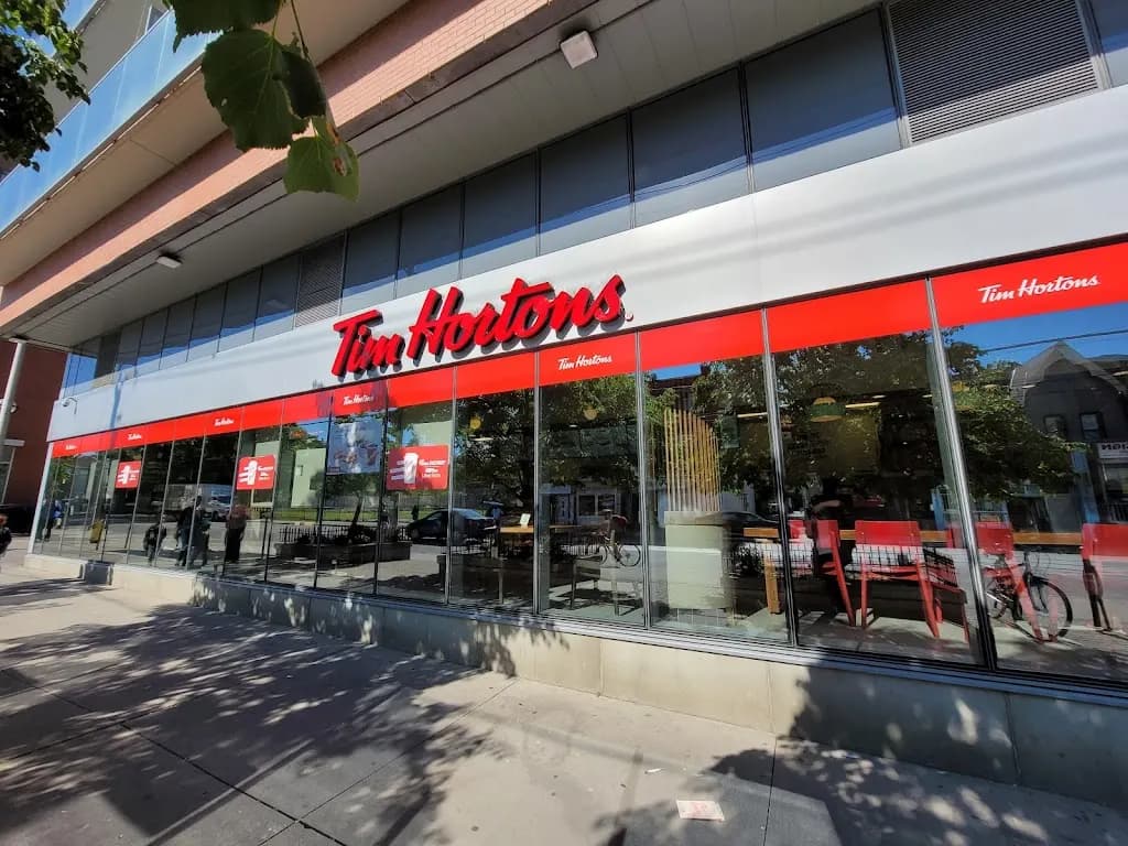 Tim Hortons storefront and interior at 335 Parliament St, Toronto, ON