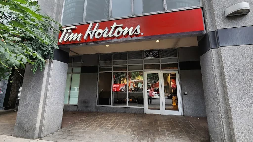 Tim Hortons storefront and interior at 340 Front St West, Toronto, ON