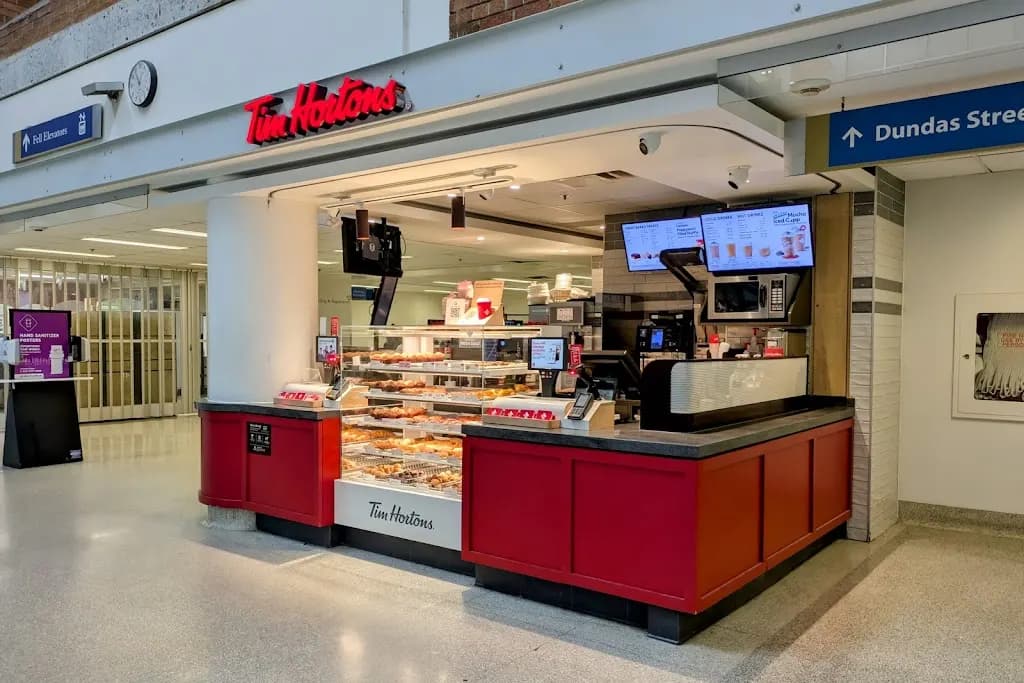 Tim Hortons storefront and interior at 399 Bathurst St, Toronto, ON