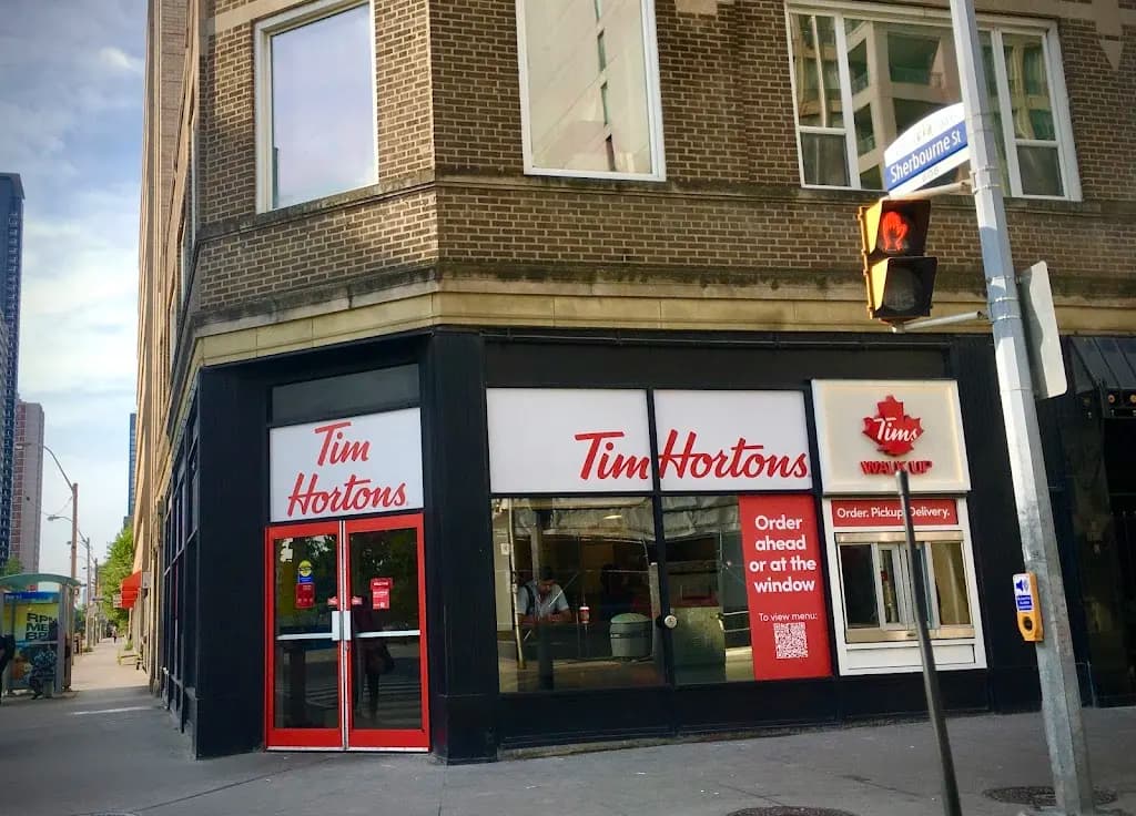 Tim Hortons storefront and interior at 419 Bloor St East, Toronto, ON