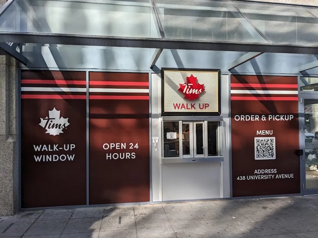 Tim Hortons storefront and interior at 438 University Ave, Toronto, ON