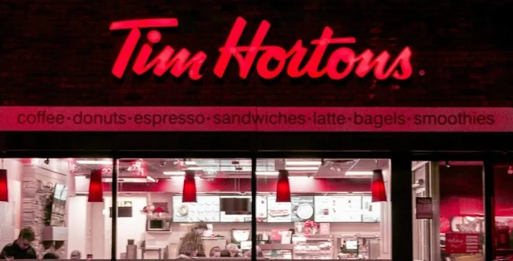 Tim Hortons storefront and interior at 455 Spadina Ave, Toronto, ON