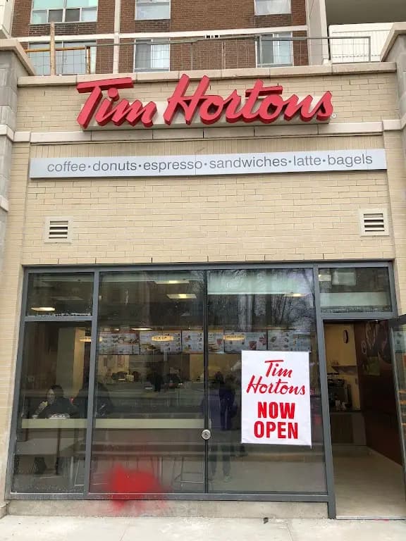 Tim Hortons storefront and interior at 563 Sherbourne Street, Toronto, ON