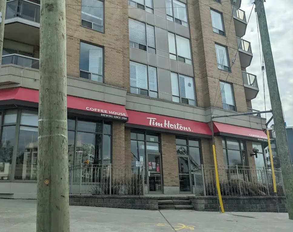 Tim Hortons storefront and interior at 607 Eglinton Ave East, Toronto, ON