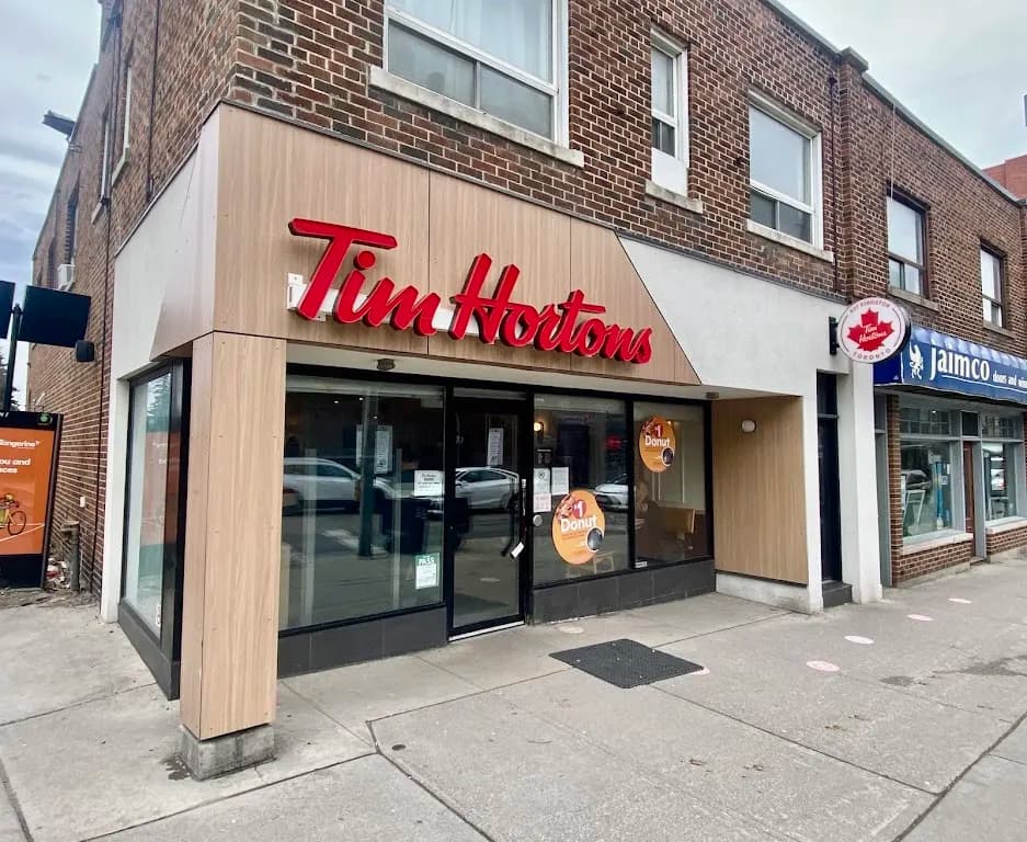 Tim Hortons storefront and interior at 637 Kingston Rd, Toronto, ON