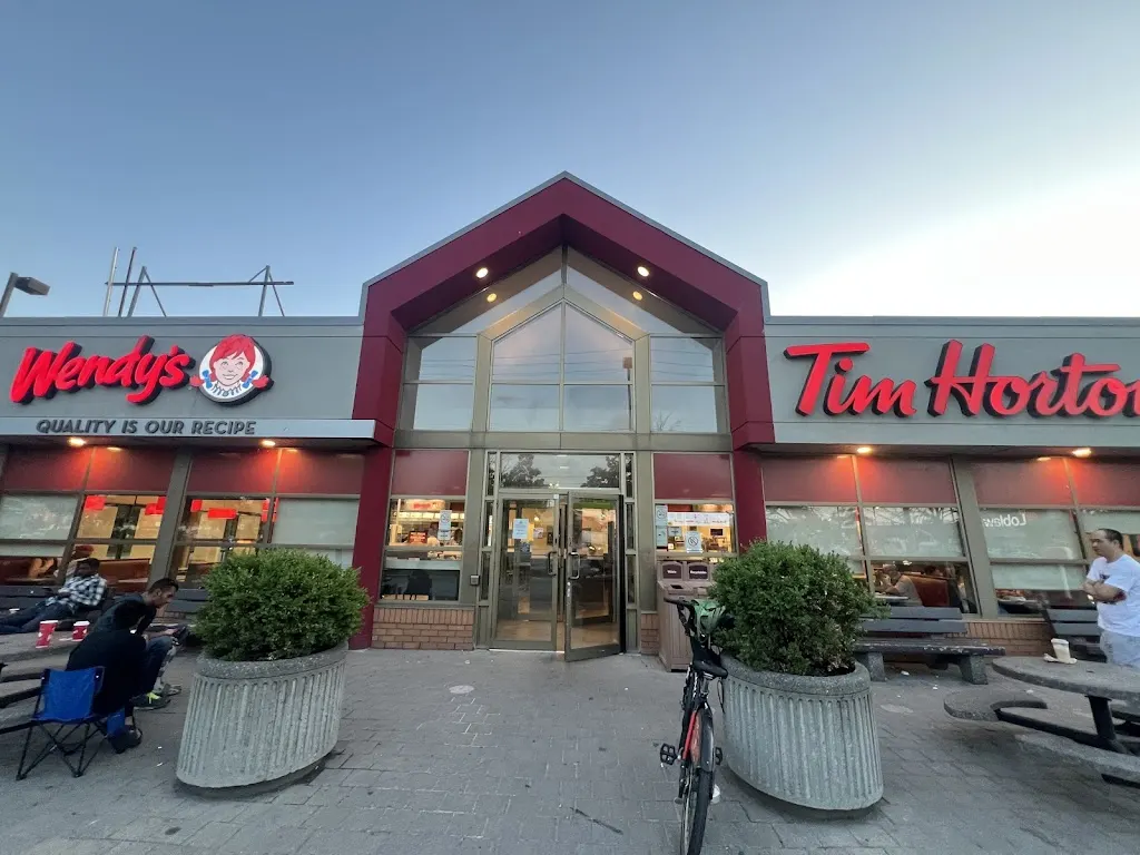 Tim Hortons storefront and interior at 731 Eastern Ave, Toronto, ON