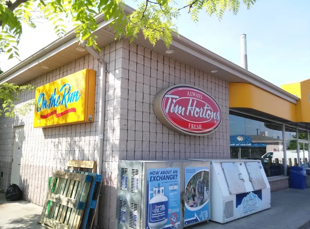 Tim Hortons storefront and interior at 829 Lakeshore Blvd East, Toronto, ON