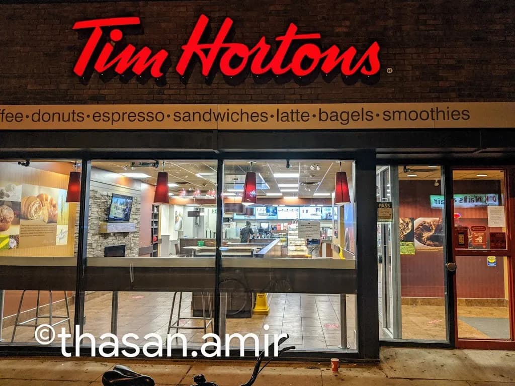 Tim Hortons storefront and interior at 874 Bloor St. W, Toronto, ON