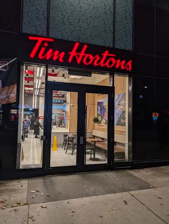 Tim Hortons storefront and interior at 1221 King Street West, Toronto, ON