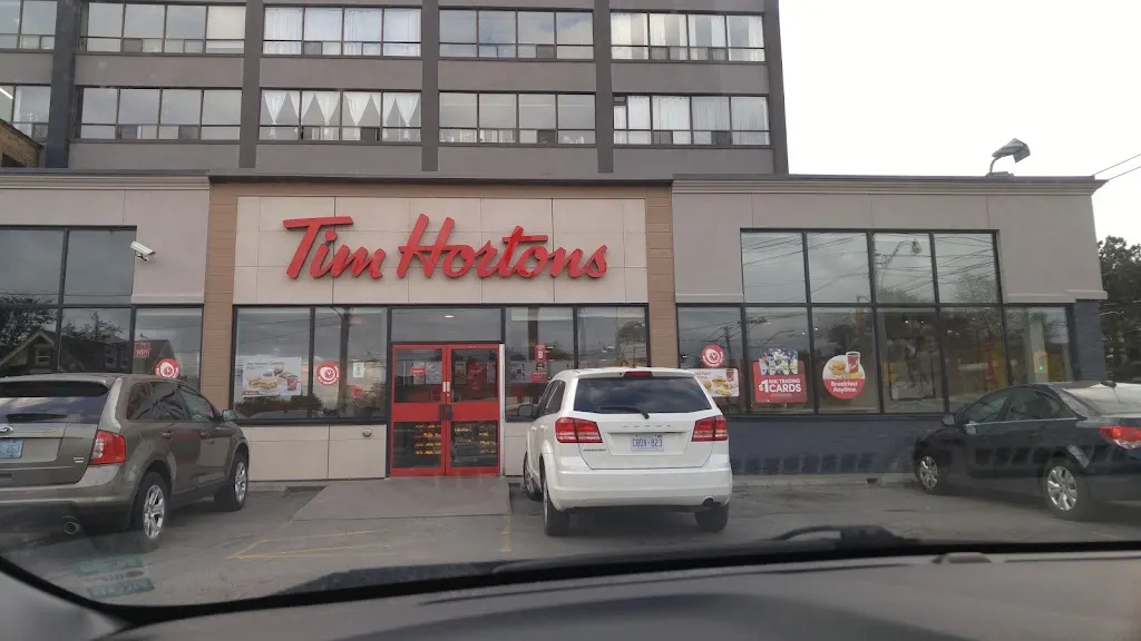 Tim Hortons storefront and interior at 1269 College St, Toronto, ON