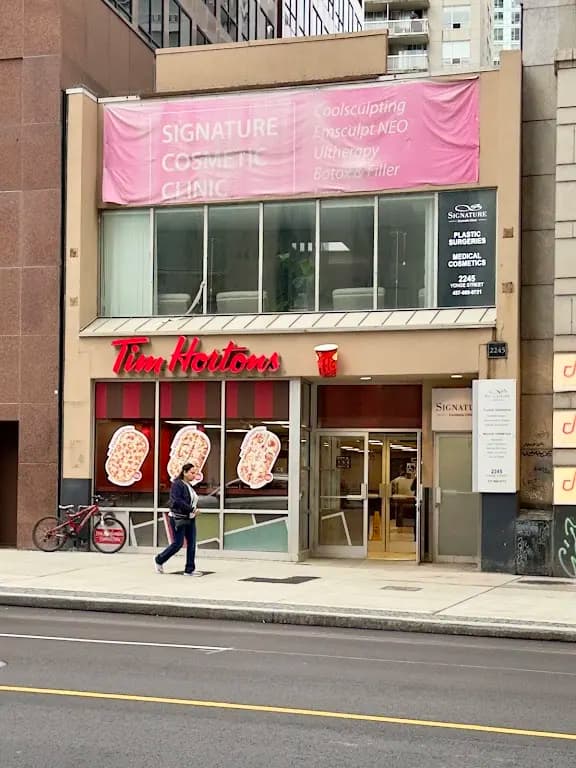 Tim Hortons storefront and interior at 2245 Yonge St, Toronto, ON