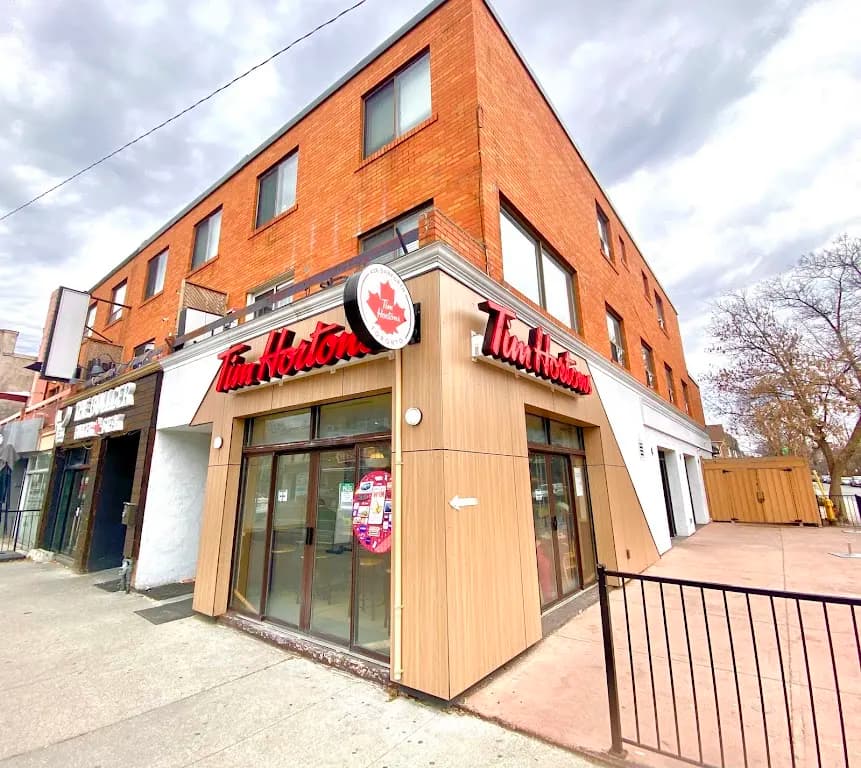 Tim Hortons storefront and interior at 2575 Danforth Ave, Toronto, ON