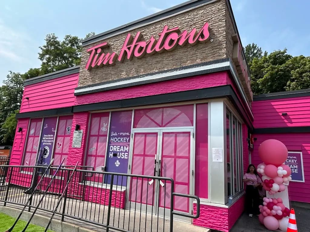 Tim Hortons storefront and interior at 3157 Dundas St W, Toronto, ON