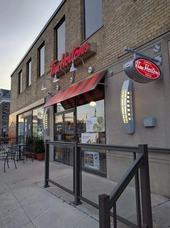 Tim Hortons storefront and interior at 3487 Dundas St West, Toronto, ON