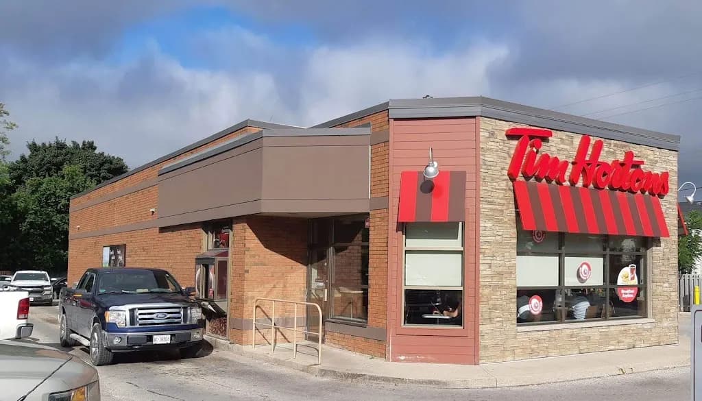 Tim Hortons storefront and interior at 130 Queen St North, Tottenham, ON