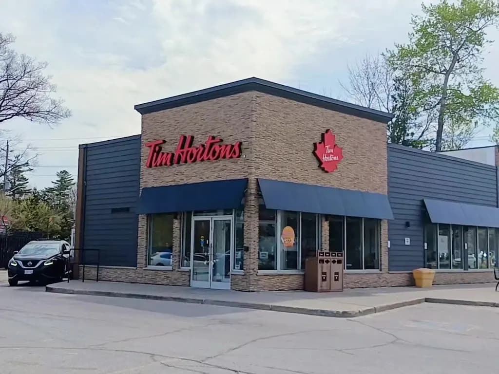 Tim Hortons storefront and interior at 720 River Rd West, Wasaga Beach, ON