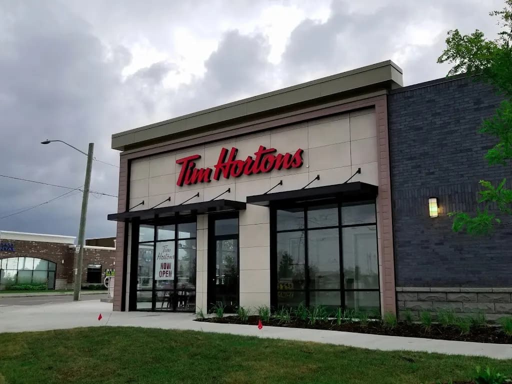 Tim Hortons storefront and interior at 5 Westhill Drive, Waterloo, ON