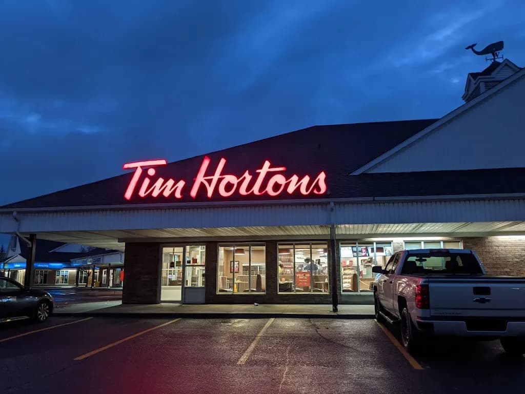 Tim Hortons storefront and interior at 55 Northfield Dr E, Waterloo, ON