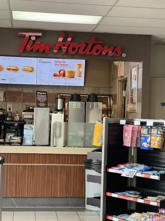 Tim Hortons storefront and interior at 151 Columbia St, Waterloo, ON