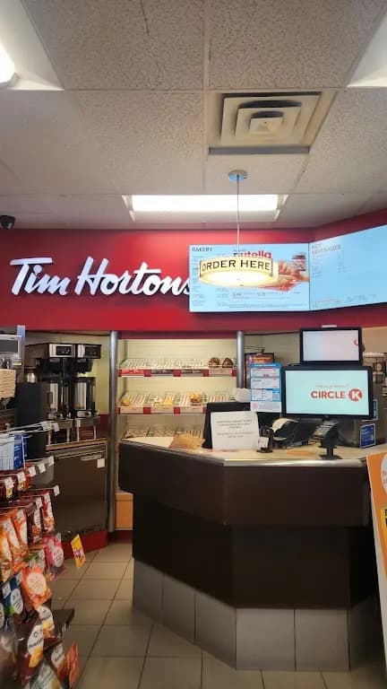 Tim Hortons storefront and interior at 415 King St North, Waterloo, ON