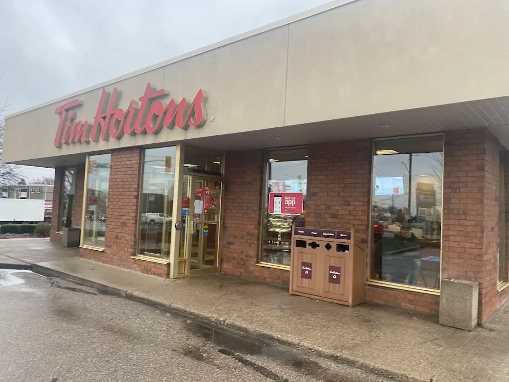 Tim Hortons storefront and interior at 585 Weber St N, Waterloo, ON
