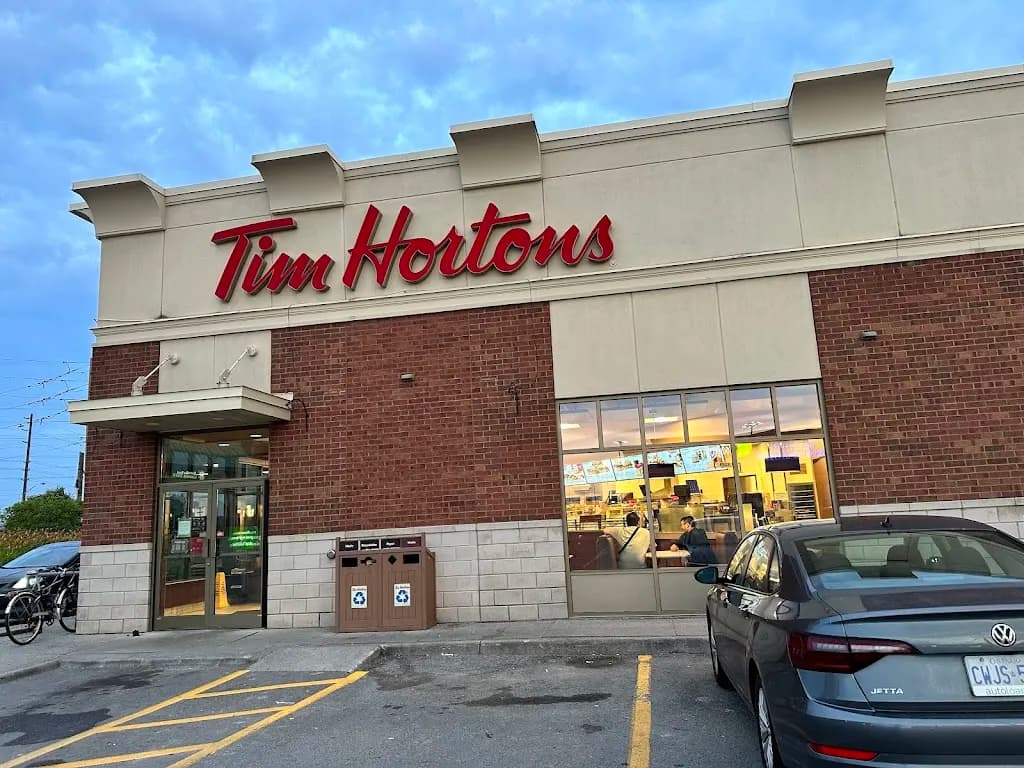 Tim Hortons storefront and interior at 130 Taunton Rd West, Whitby, ON
