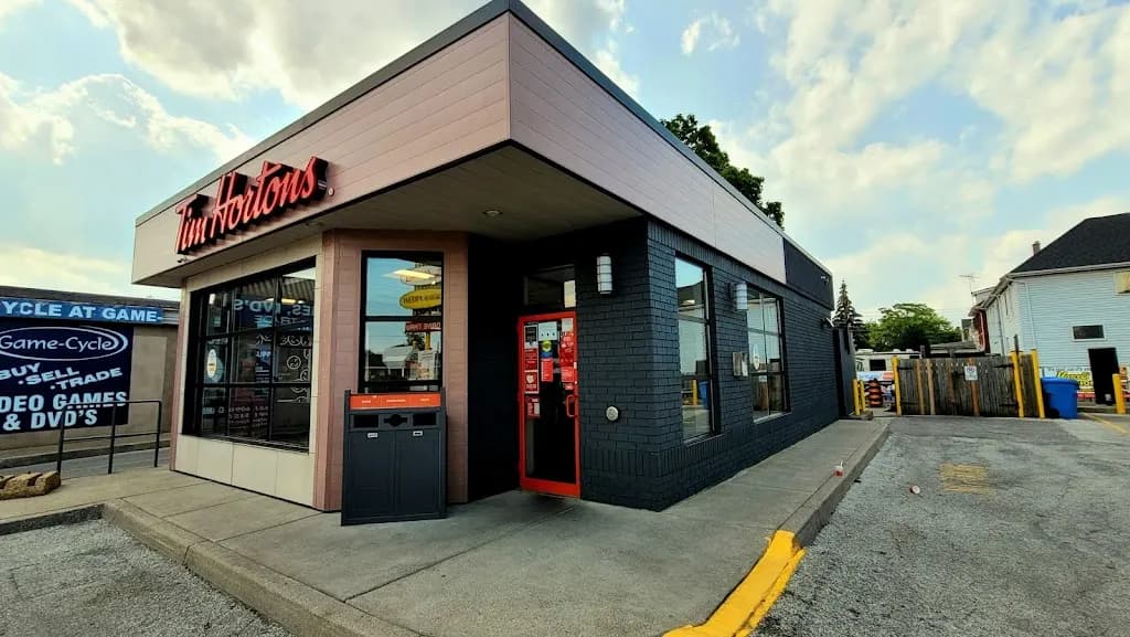 Tim Hortons storefront and interior at 486 Tecumseh Rd E, Windsor, ON
