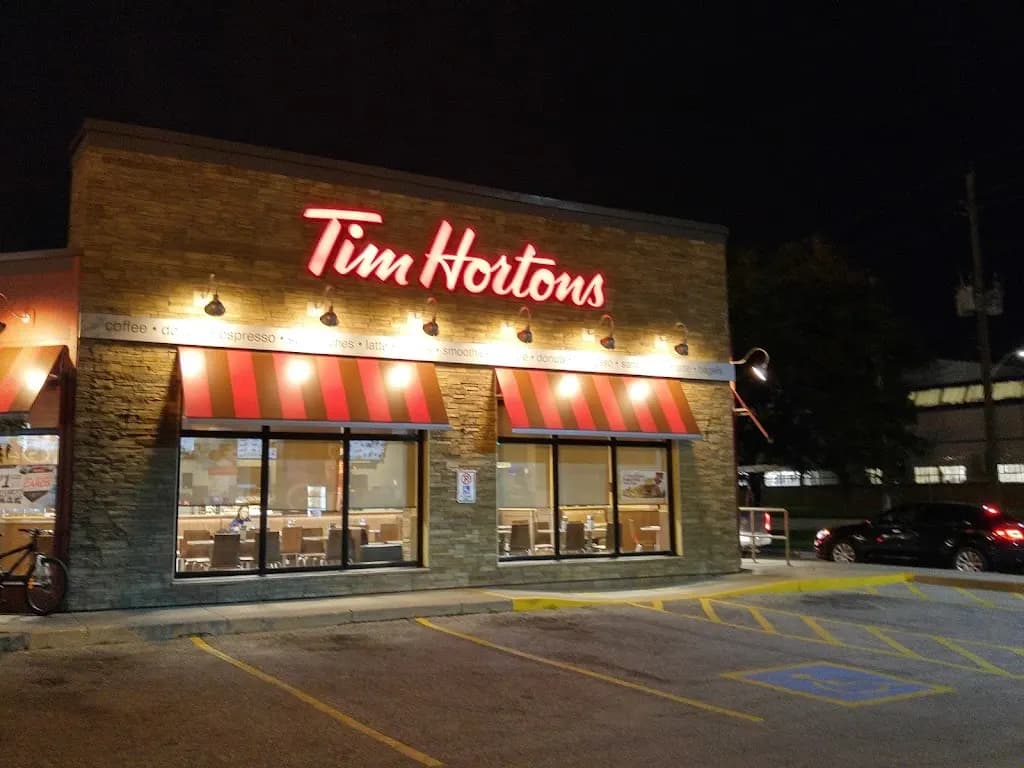 Tim Hortons storefront and interior at 2390 Walker Rd, Windsor, ON
