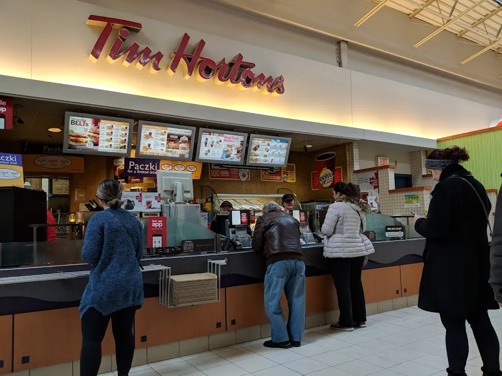Tim Hortons storefront and interior at 7654 Tecumseh Rd E, Windsor, ON