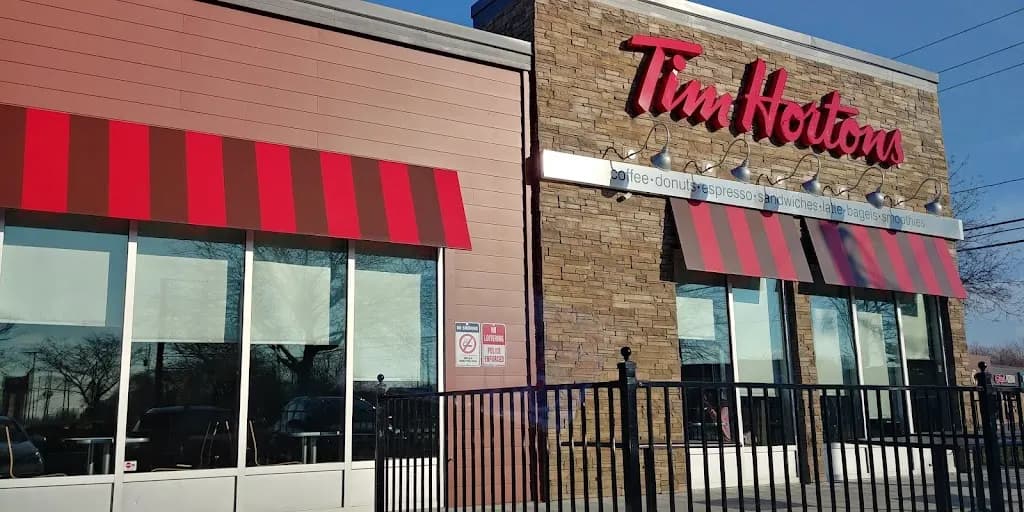 Tim Hortons storefront and interior at 9950 Tecumseh Rd E, Windsor, ON