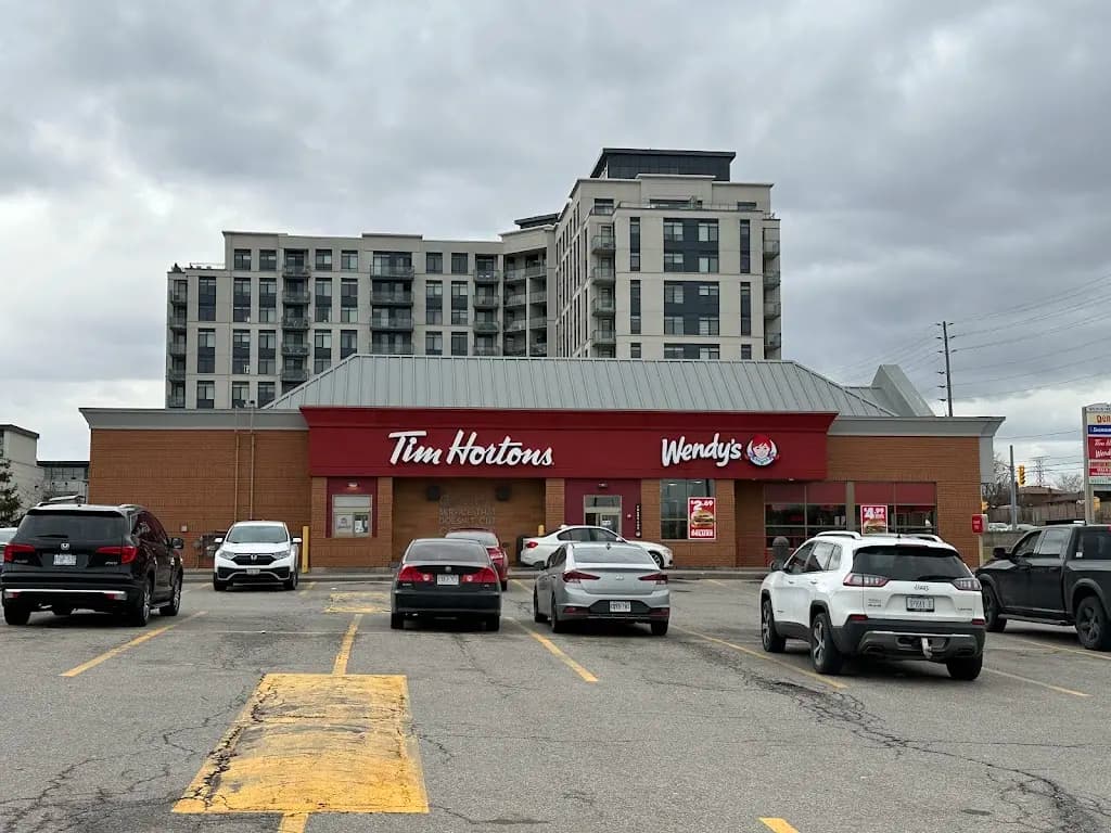 Tim Hortons storefront and interior at 25 Woodstream Blvd, Woodbridge, ON