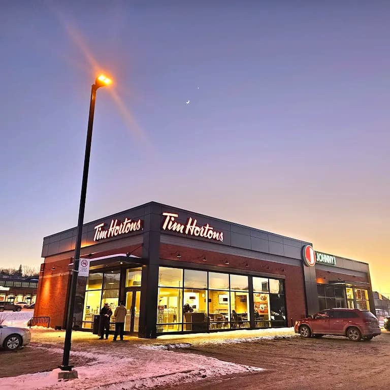 Tim Hortons storefront and interior at 413 Rue Belvedere S, Sherbrooke, QC