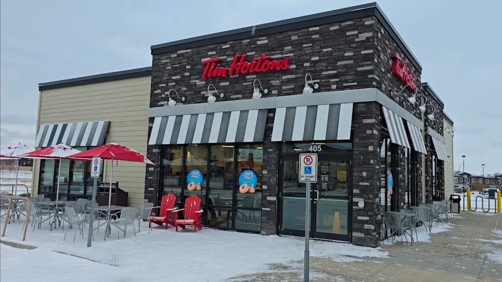 Tim Hortons storefront and interior at 405 Ledingham Dr, Saskatoon, SK