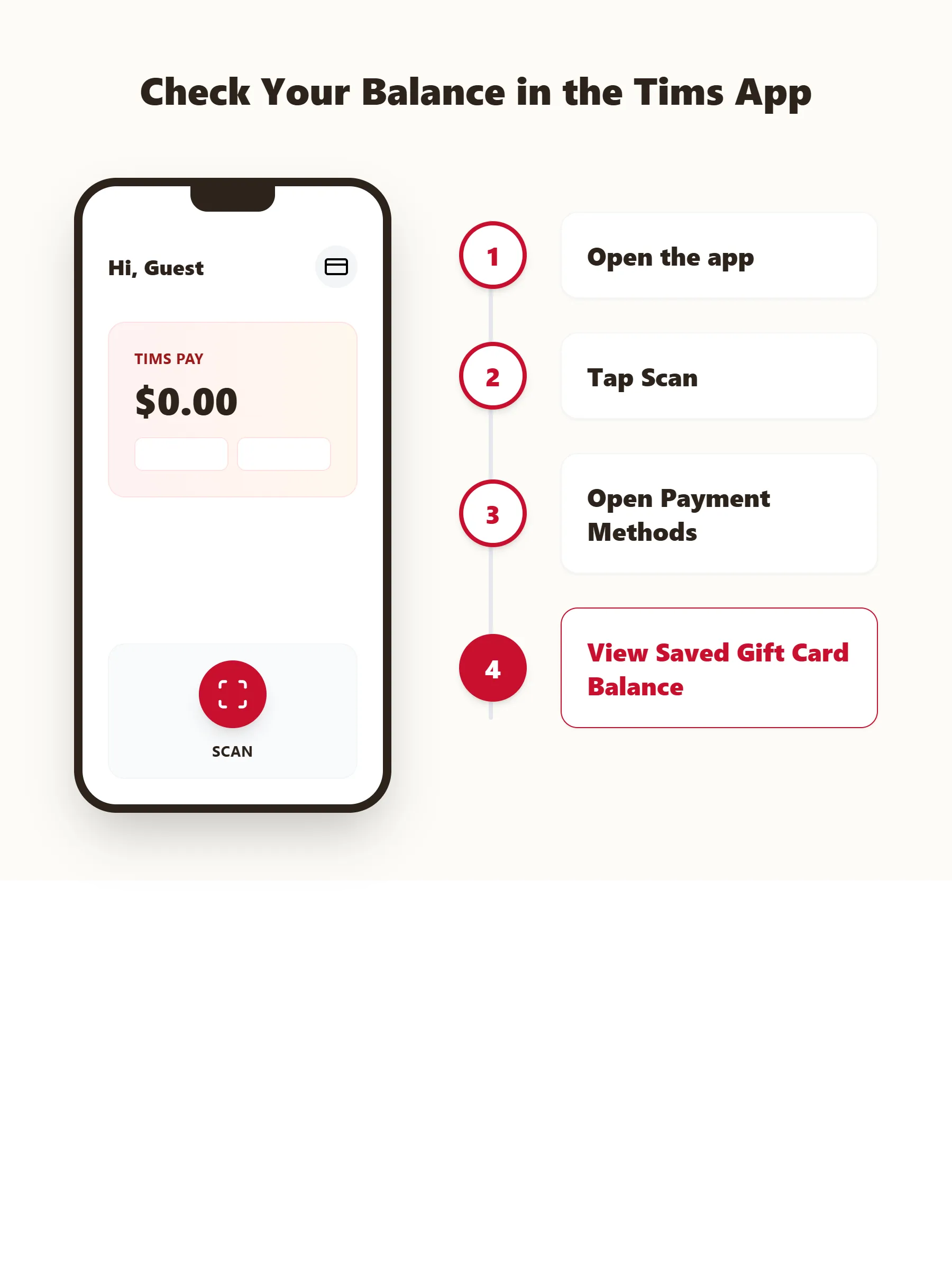 Check Tims gift card balance in app