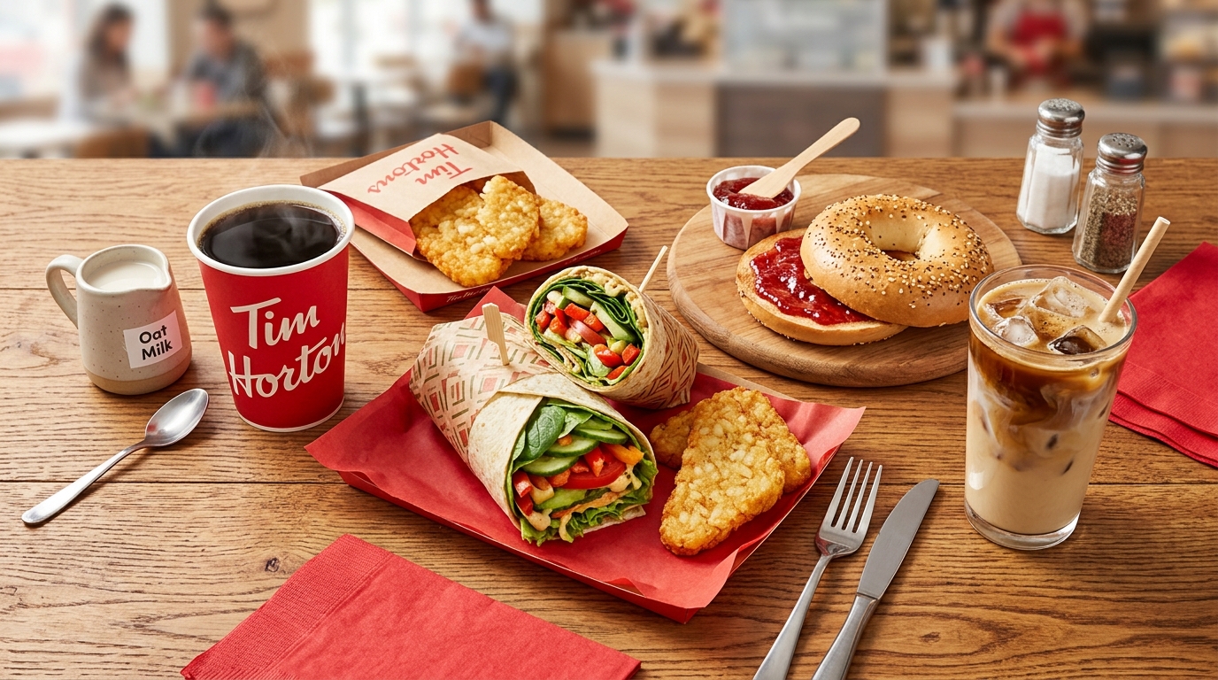 Tim Hortons vegan options in Canada — plant-based bagels, black coffee with oat milk, hash browns, and veggie wraps