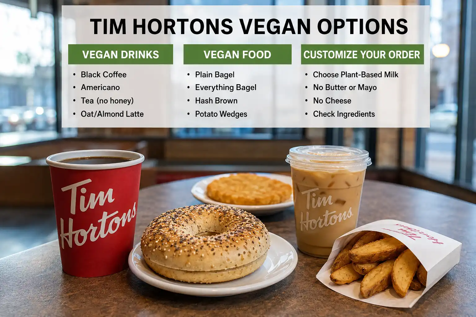 Complete list of vegan items at Tim Hortons — vegan drinks like black coffee and americano, vegan food like plain bagel, everything bagel, hash brown, and potato wedges, plus how to customize your order